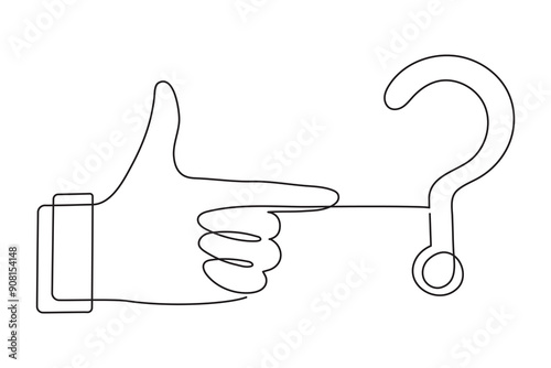 Hand holds question mark one line art, hand drawn asking sign, idea continuous contour. Query FAQ concept, finding answer. Editable stroke. Isolated. Vector illustration