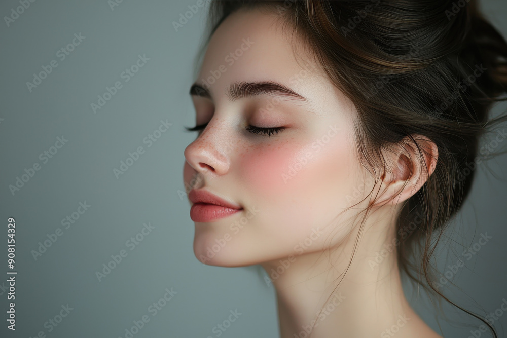 A close up of a girl's face with her eyes closed