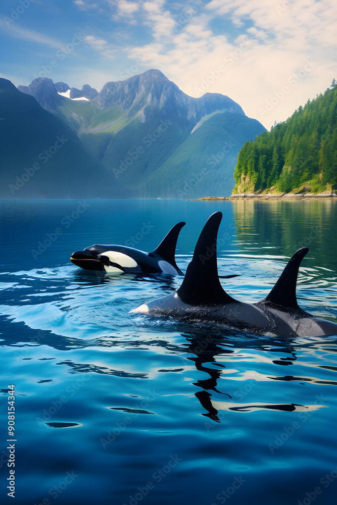 Fototapeta premium Stunning Display of Orcas in Majestic Fjord Landscape: An Exquisite Exhibition of Nature's Unspoiled Beauty and Wildlife Harmony