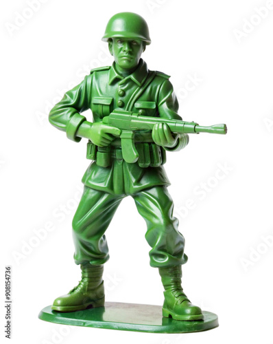 Green plastic toy soldier, isolated on white background. Generative AI. 