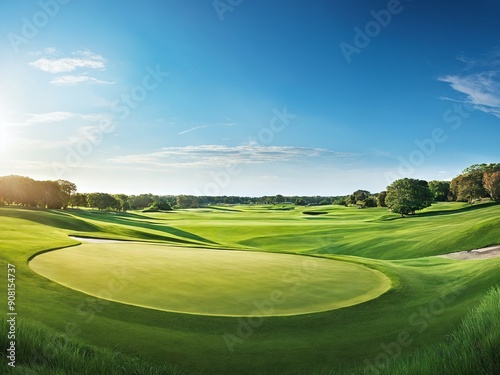 Lush green golf course under clear blue sky at early morning light photo