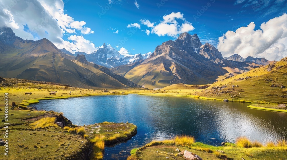 Obraz premium High altitude lakes and sunlit mountain peaks in a remote valley