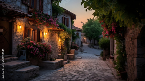 The Blissful Silence of a Twilight Village: A Tranquil Scene Touched by the Setting Sun