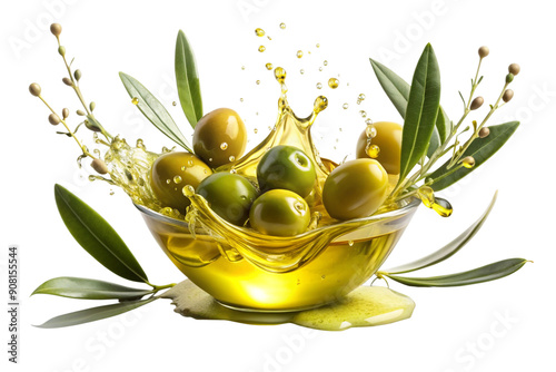 Delicious olive oil splash with fresh leaves, cut out 