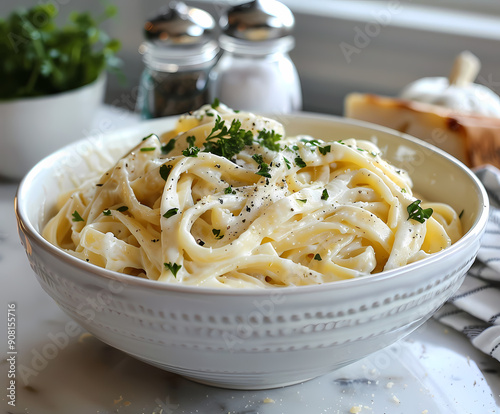 Creamy Fettuccine Alfredo Dish - Delicious Italian Cuisine Garnished with Fresh Parsley photo