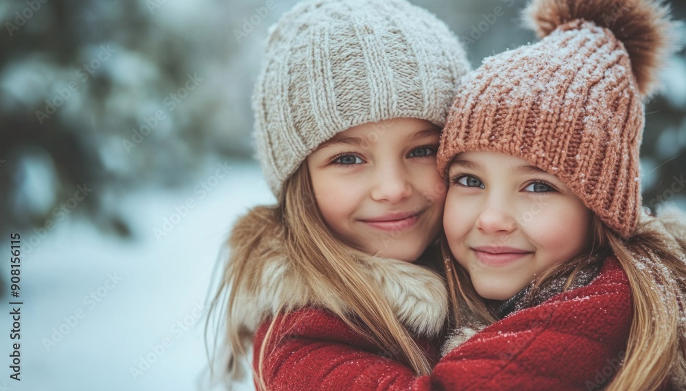 A loving mother and daughter are joyfully hugging each other amidst the beautiful snow A loving mother and daughter are joyfully hugging each other amidst the beautiful snow