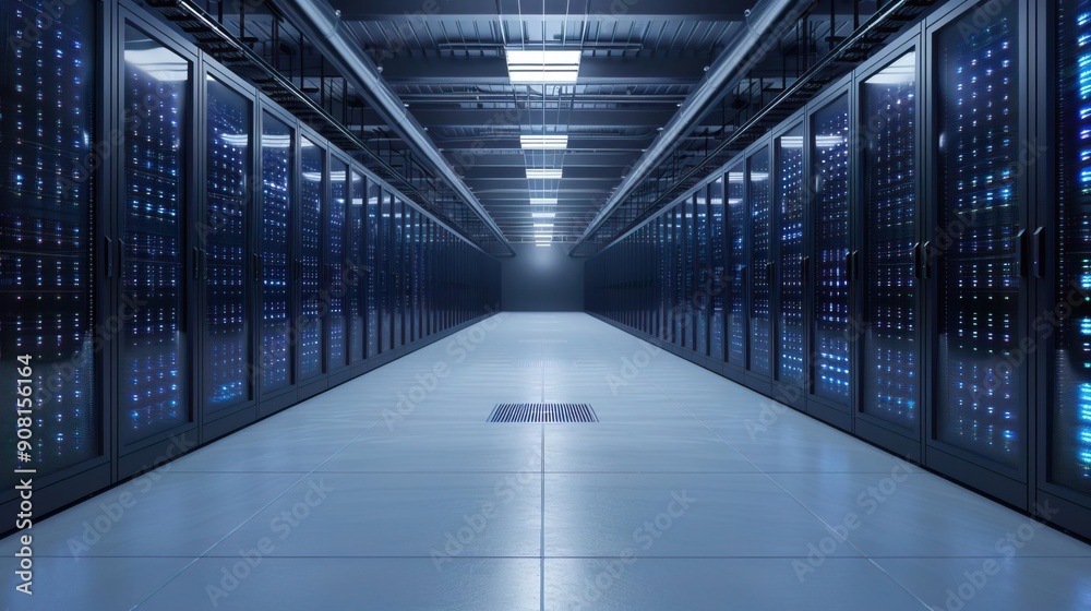 Rows of server racks in a modern data center.