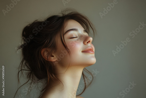 A close up of a girl's face with her eyes closed