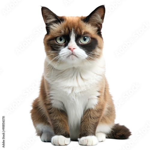 Grumpy cat looking at camera, isolated on white background. Generative AI. 