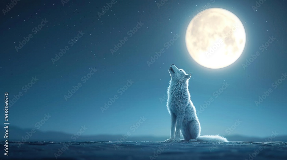 White wolf howling at the full moon in a starry night sky. Stock ...