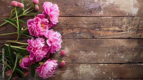 Pink peonies fragrantly arranged on vintage wood with romantic theme photo