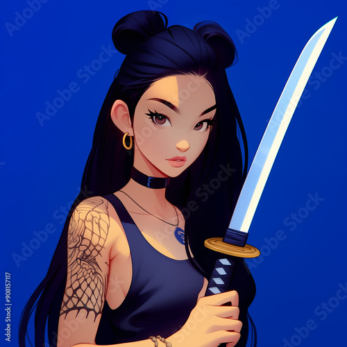 The female anime avatar character icon, ninja girl with katana , Halloween cosplay costume  photo