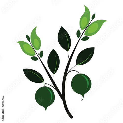 green chickpeas arranged on a twig with leaves, vector illustration 