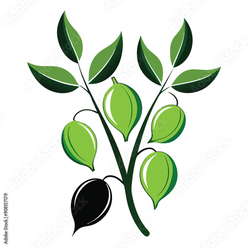 green chickpeas arranged on a twig with leaves, vector illustration 