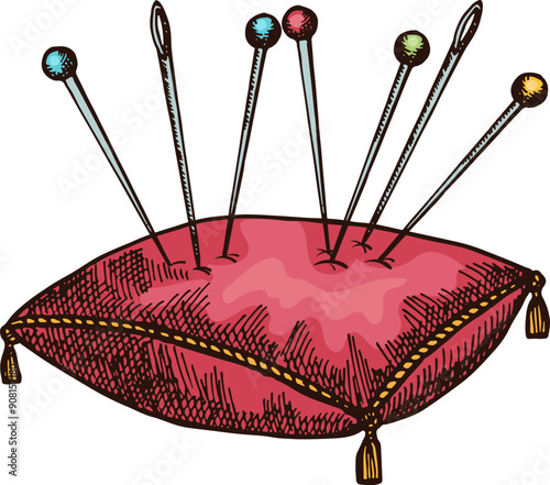 Pin cushion color sketch. Sewing needle pillow