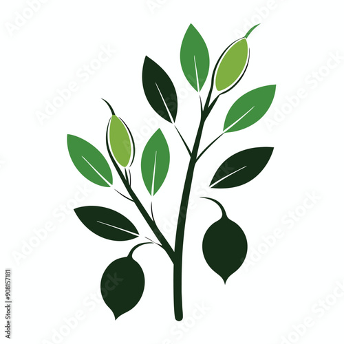 green chickpeas arranged on a twig with leaves, vector illustration 