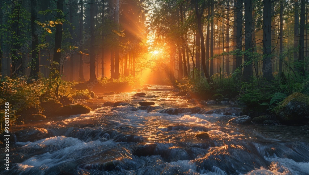 A river with rocks in the middle of an enchanted forest. Generate AI image A river with rocks in the middle of an enchanted forest. Generate AI image