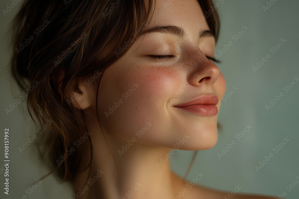 A close up of a girl's face with her eyes closed