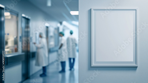 A blank white poster frame on the wall of an hospital interior, doctors and nurses in motion blur working around the room, window light from outside.