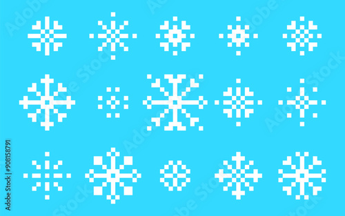 Pixel snowflake set. Winter decorative elements in pixel art. Mood of 90's aesthetics. 8-bit retro style pixelated vector illustration. Simple geometric form. Icon collection