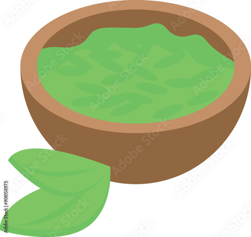 Green sauce being served in wooden bowl with garnish for dipping