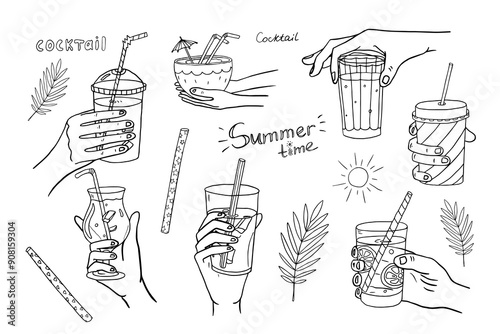 Trendy set of cocktails in hand , alcoholic and non-alcoholic summer drinks with ice cubes, fruits, drinking straws and text. Great for bar menu design, packaging, banners or advertising.