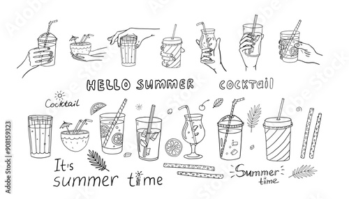 Cute set of cocktails in hand , alcoholic and non-alcoholic summer drinks with ice cubes, fruits, drinking straws and text. Great for bar menu design, packaging, banners or advertising.
