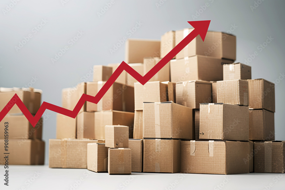 Fototapeta premium Stacked cardboard boxes with a red upward arrow symbolizing growth, business success, and increasing trends