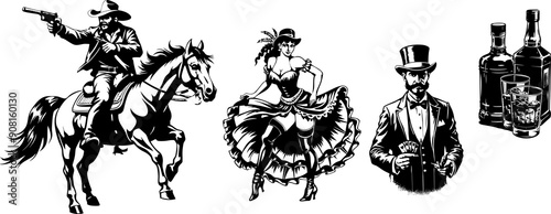 Wilde West characters set: girl dancer from saloon, cowboy aiming gun, gambler, bottles of whisky. Useful for cricut cutting machine