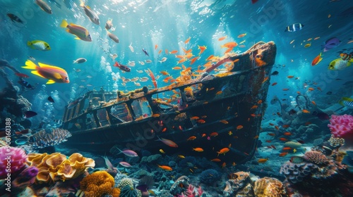 Obraz na płótnie Underwater scene with a sunken shipwreck and fish w salonie