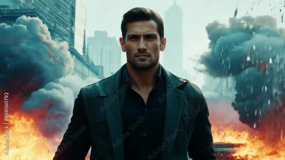 Action shot with brave man walking leaving fire and explosions behind his back. Dynamic scene in action movie blockbuster style Action shot with brave man walking leaving fire and explosions behind his back. Dynamic scene in action movie blockbuster style