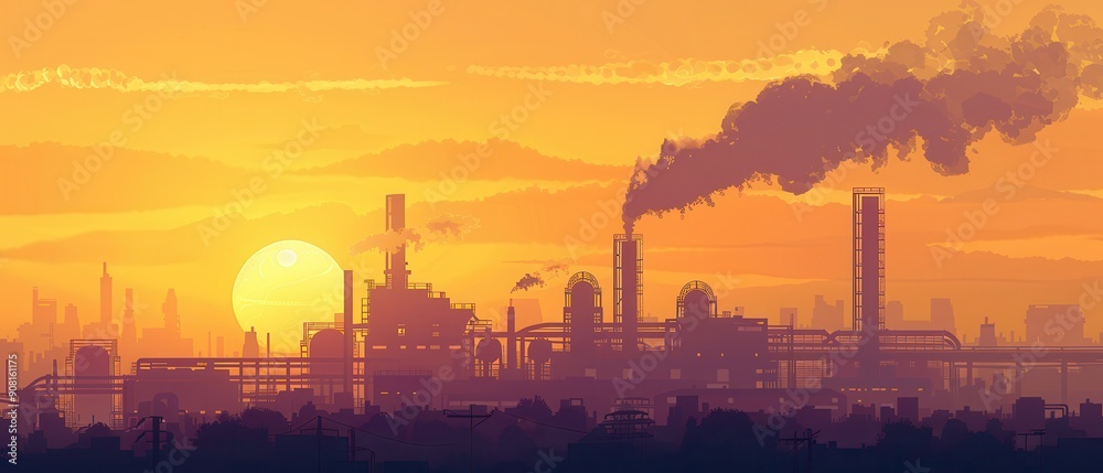 Fototapeta premium Industrial factory silhouette against a bright sunset.