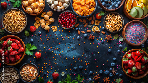 Vegan food selection including legumes, vegetables, crackers, and herbs on a dark background