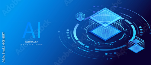 Ai data center server industry. Working innovation at AI server. Digital brain neural network. Isometric vector illustration.