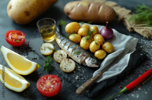 Wallpaper Mural Glass of vodka, some pickled herring and potatoes on the table Torontodigital.ca