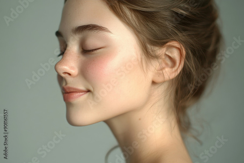 A close up of a girl's face with her eyes closed