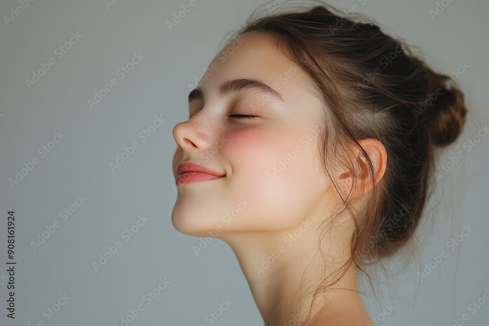 A close up of a girl's face with her eyes closed