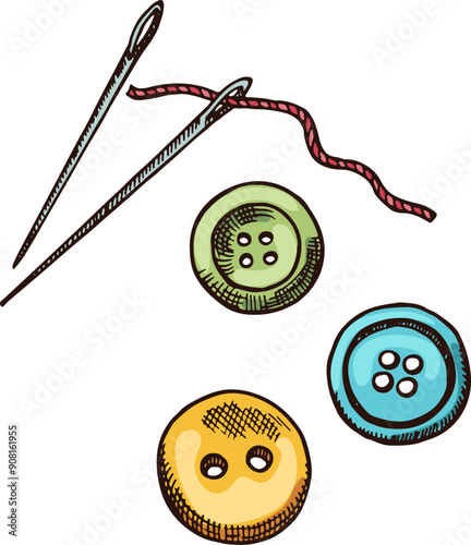 Sewing buttons illustration. Clothing fastener and needle thread