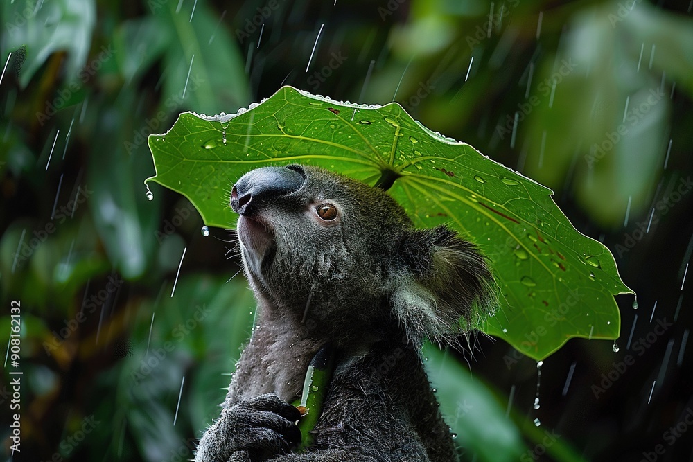 Obraz premium A koala bear holding a green leaf with its mouth open while its eyes are closed during rain