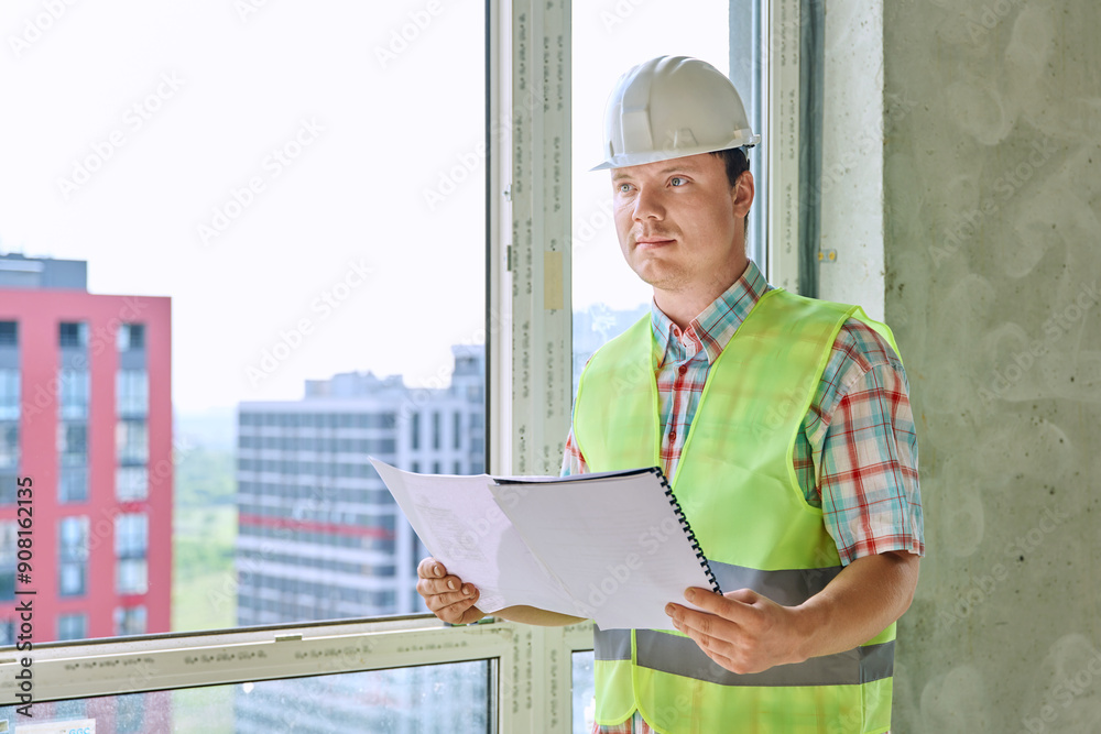 Portrait of male industrial worker in vest helmet with engineering documents Portrait of male industrial worker in vest helmet with engineering documents