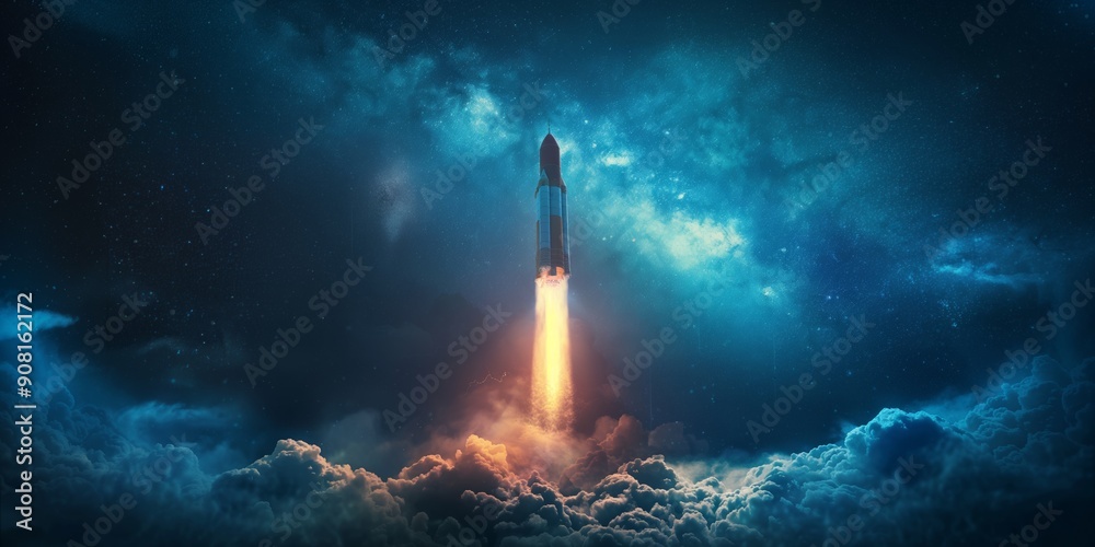 Obraz premium Rocket launch against a star-studded night sky. A dramatic display of technology and space exploration. Ideal for aerospace, technological advancements, and inspirational backgrounds.