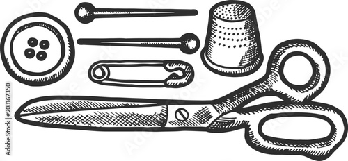 Sewing tools sketch. Tailor hand drawn equipment