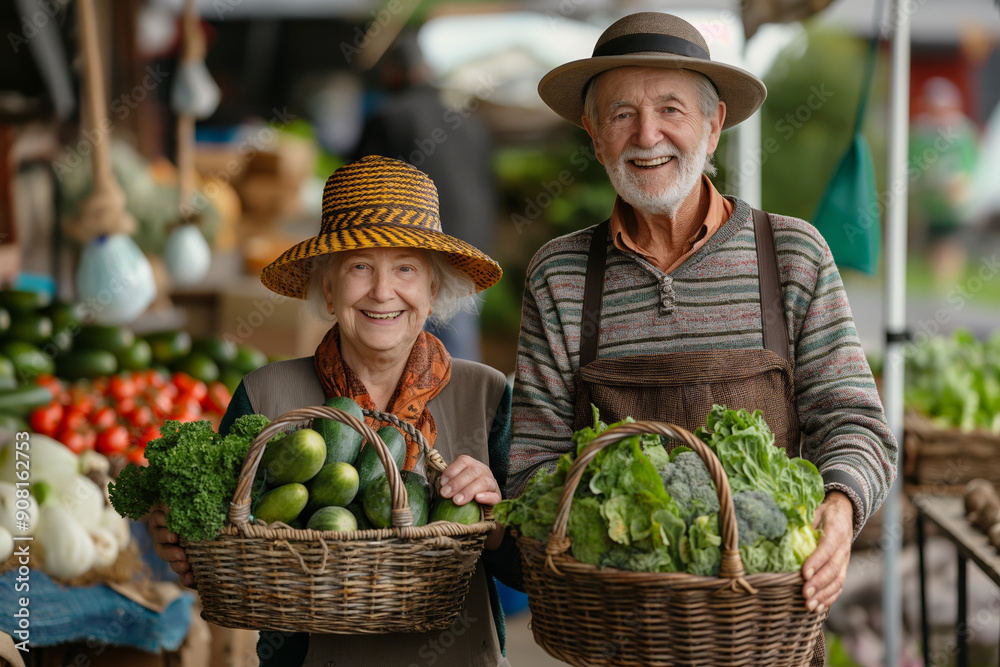 Elderly couple with baskets of fresh vegetables. A perfect stock image for illustrating organic farming, healthy eating, and community markets. Ideal for use in health, agricultural Elderly couple with baskets of fresh vegetables. A perfect stock image for illustrating organic farming, healthy eating, and community markets. Ideal for use in health, agricultural