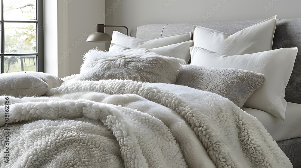 Scandinavian Sanctuary: Cozy Bed with White Pillows and Blankets in a Private Condo. Scandinavian Sanctuary: Cozy Bed with White Pillows and Blankets in a Private Condo.