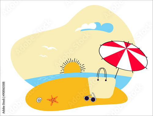 simple vector illustration of sandy beach on sea, sunrise with umbrella and flip flops, summer background for a poster, banner, postcard on the theme of holiday, trip, vacation