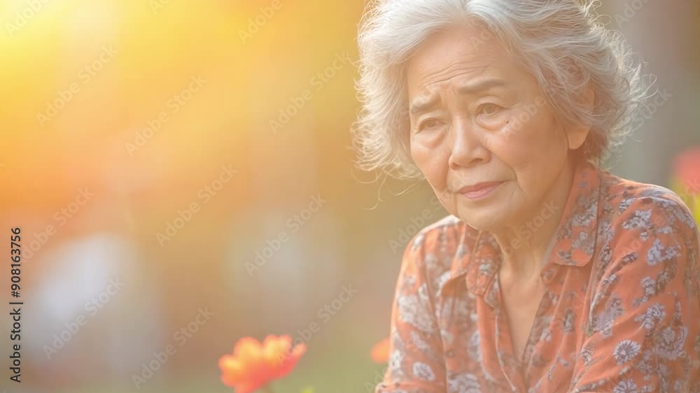Sick and depressed elderly Asian woman in the park, caressing her injured leg and experiencing knee agony and discomfort 