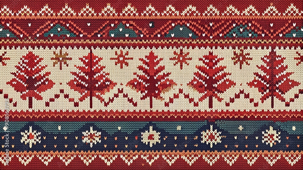 Red and White Knitted Christmas Pattern with Festive Trees and Snowflakes Red and White Knitted Christmas Pattern with Festive Trees and Snowflakes