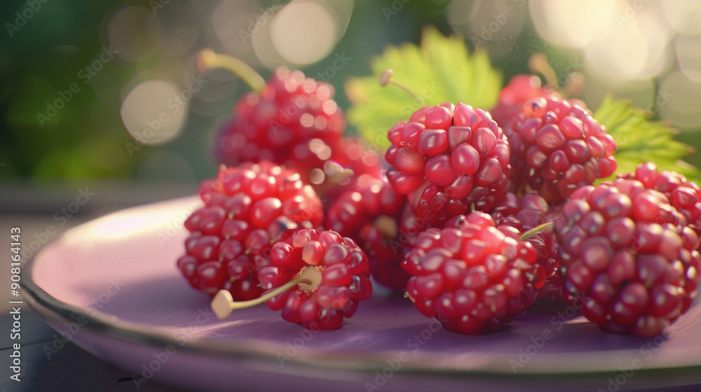 A sharp focus on a plate of raspberries sitting on a table surrounded by clear green foliage A sharp focus on a plate of raspberries sitting on a table surrounded by clear green foliage