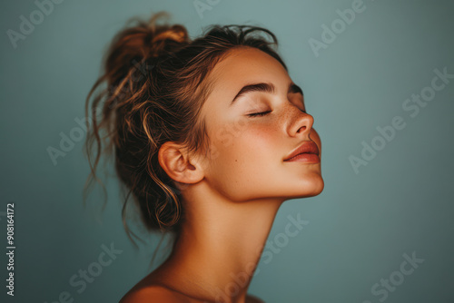 A close up of a girl's face with her eyes closed