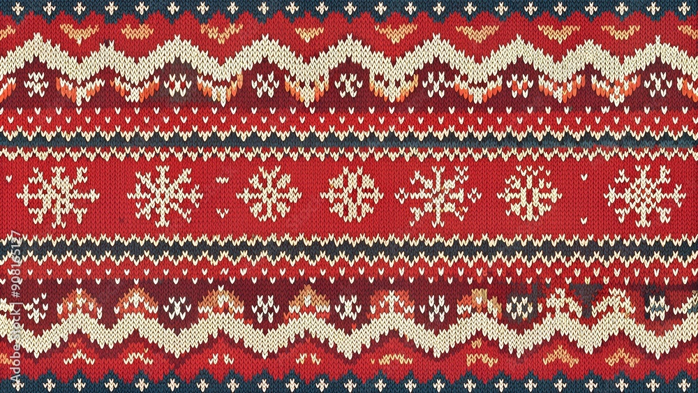 Red and Cream Knitted Christmas Pattern with Snowflakes and Zigzag Design Red and Cream Knitted Christmas Pattern with Snowflakes and Zigzag Design